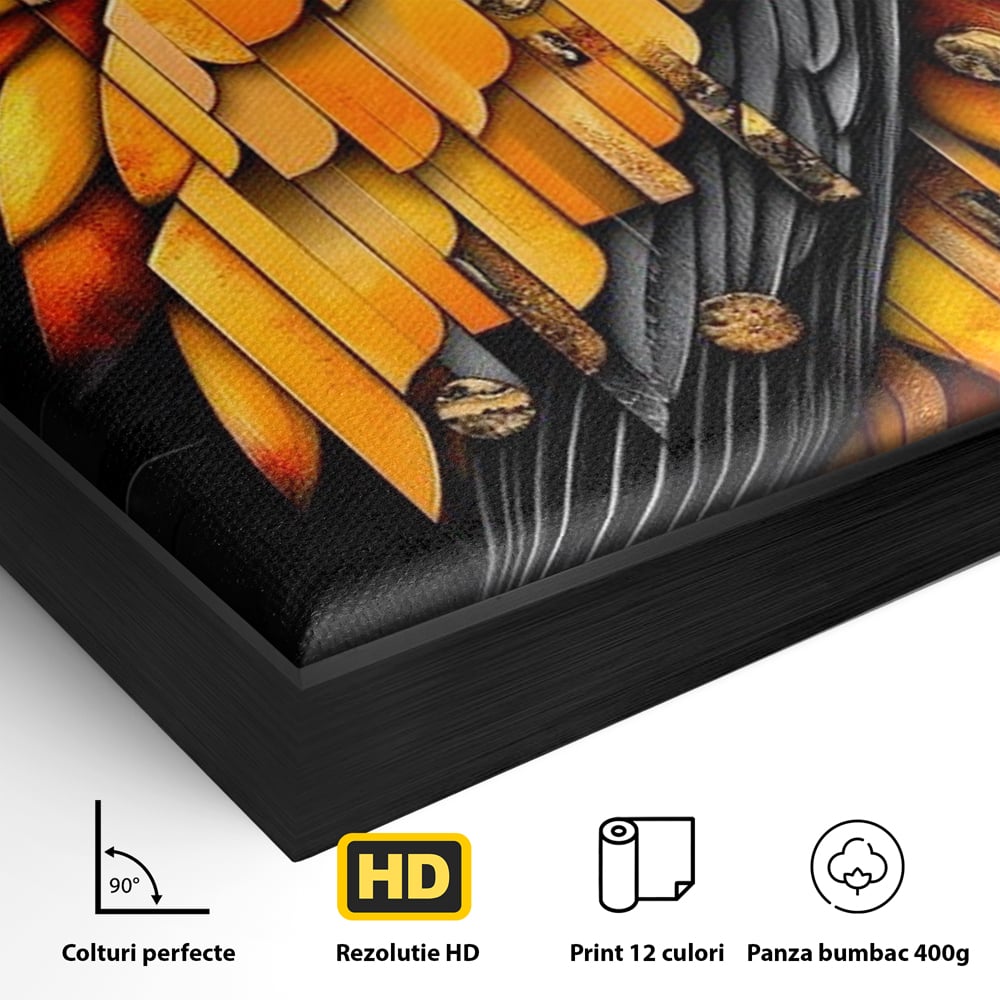 Detaliu al suprafetei: tablou canvas cu pasare geometrica aurie, in rama de aluminiu negru